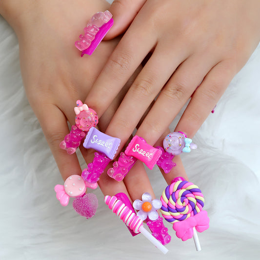 Candy Kingdom Long Square Pink Press On Nails with 3D Sweets and Glitter Embellishments