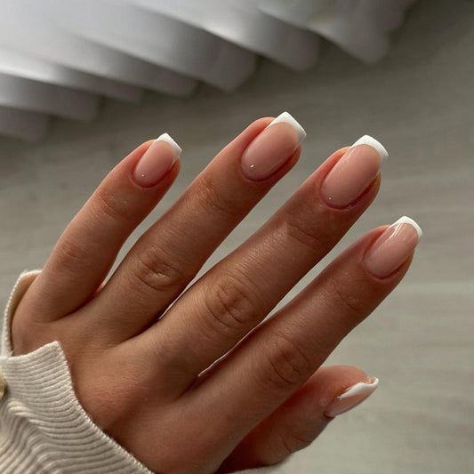 Elegant French Tip Medium Square Beige and White Press-On Nails with Classic Design