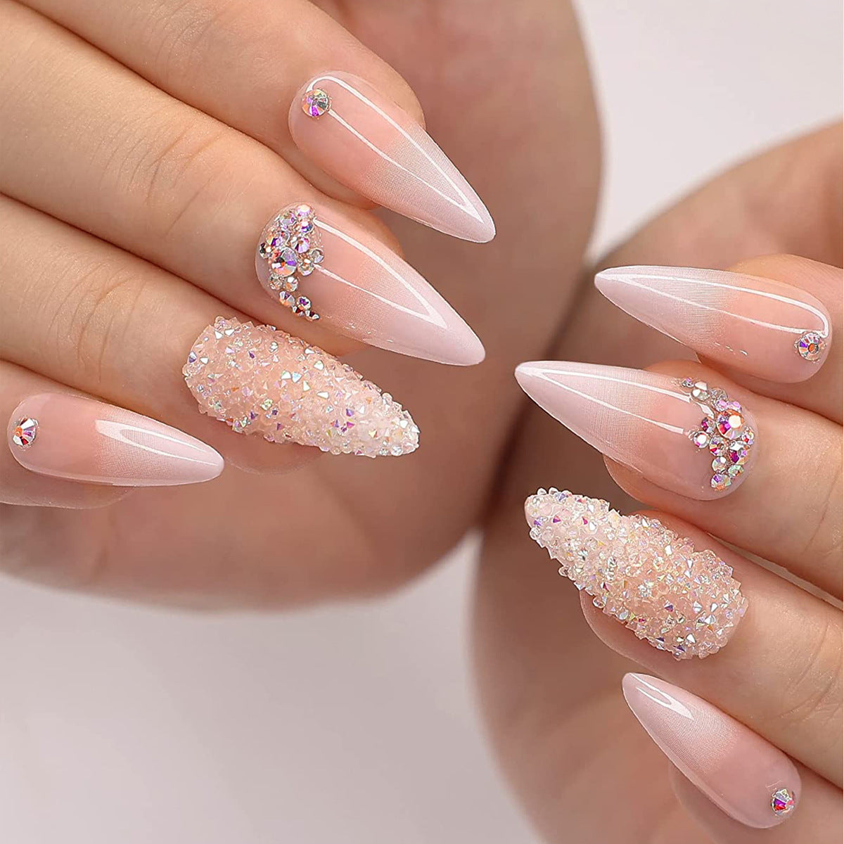 Bridal Shimmer Long Almond Pink Press-On Nail Set with Crystal Accents
