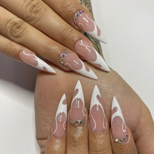 Glamorous Drip Long Stiletto Baby Pink Press On Nails with White Accents and Rhinestone Embellishments