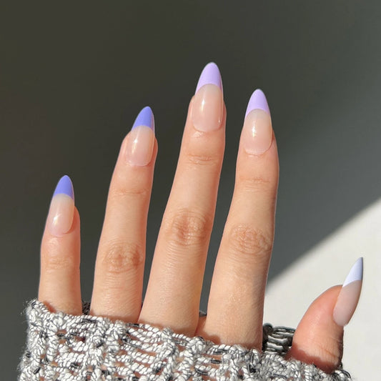 Lavender Dream Long Almond Beige Press On Nail Set with Purple French Tips