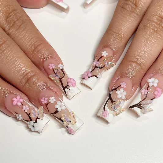 Sakura Blossom Long Square Transparent Nail Set with Pink Floral Art and Butterfly Accents