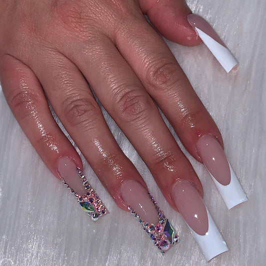 Enchanted Elegance Long Square Beige Press-On Nails with White Tips and Iridescent Gem Accents
