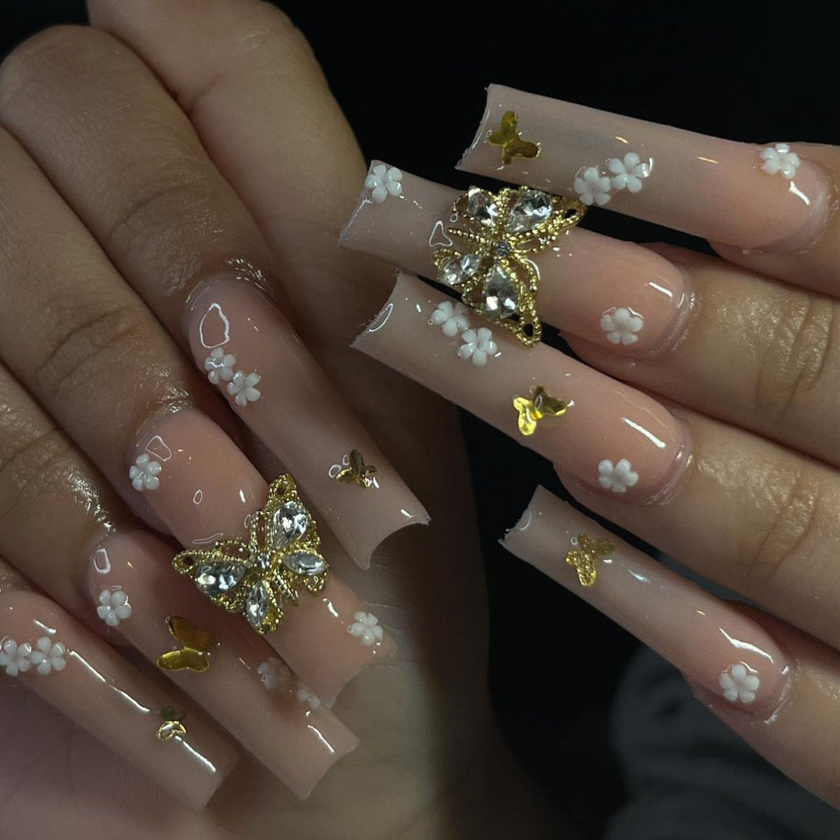 Enchanted Garden Extra-Long Square Blush Pink Press-On Nails with 3D Butterfly Charms and Floral Accents