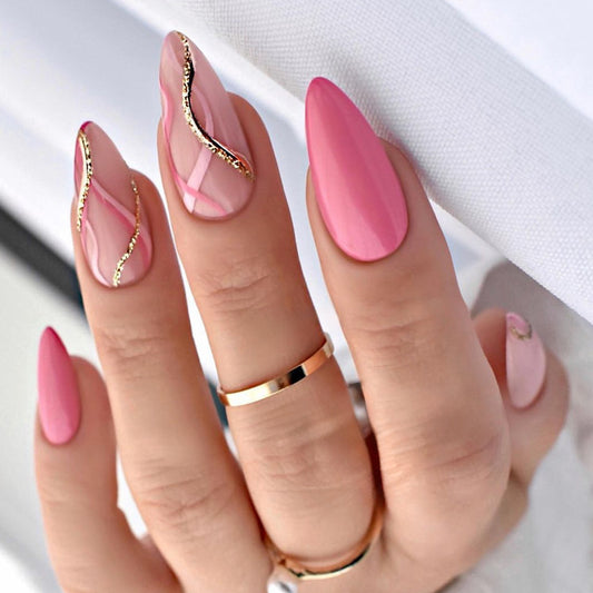 Sophisticated Long Almond Pink Press On Nails with Gold Glitter Swirl Accents