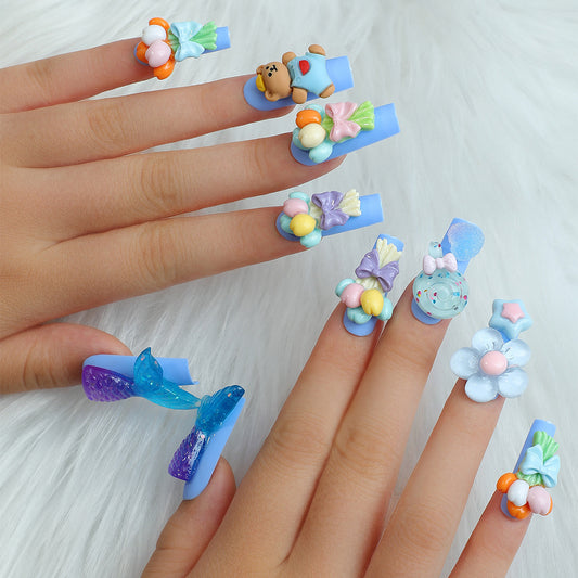 Candyland Fantasy Extra Long Square Sky Blue Press On Nails with 3D Sweet Treat Charms