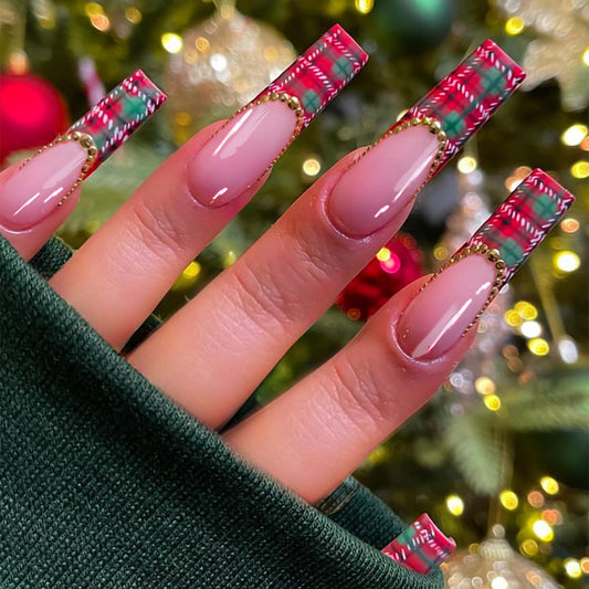 Holiday Festive Long Square Beige Press On Nail Set with Tartan Bow Design and Gold Bead Accents