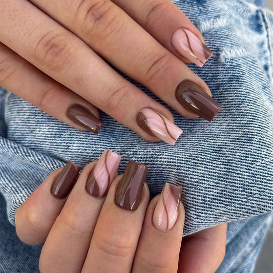 Chic Contrast Medium Square Mocha and Pink Press On Nail Set with Geometric Design