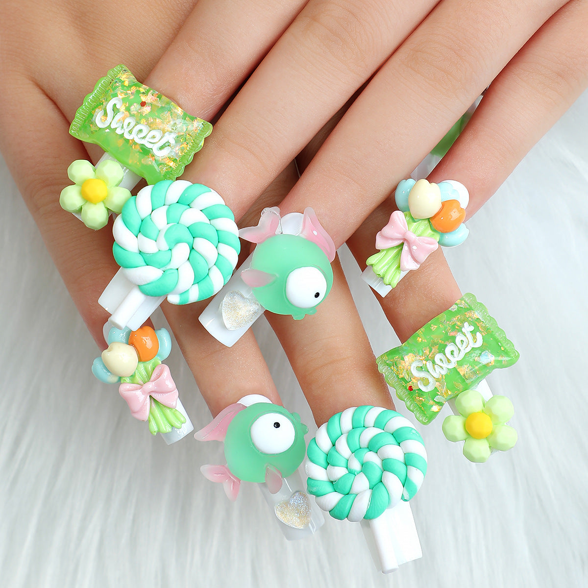Candyland Fantasy Extra Long Square White Press On Nails with 3D Candy and Animal Charms