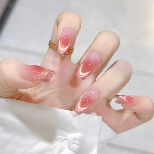 Glistening Dawn Long Square Pink Aurora Press On Nail Set with Iridescent Shimmer