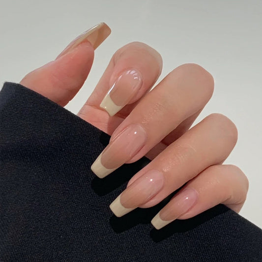 Natural French Medium Coffin Beige Press On Nails with Classic White Tips