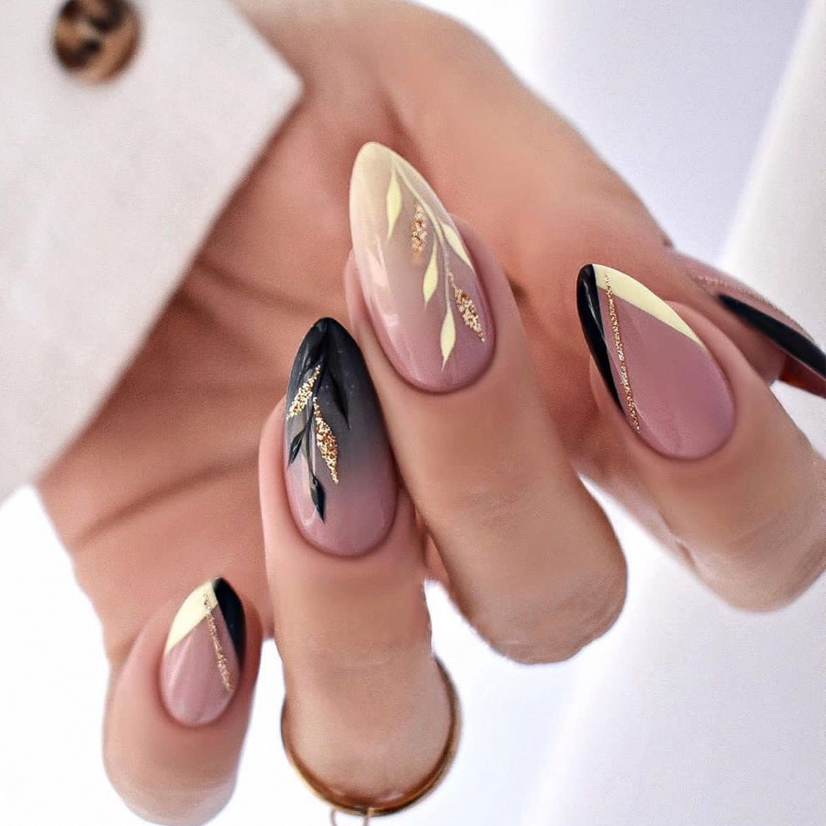 Autumn Elegance Long Almond Mauve and Black Ombre Press On Nails with Gold Leaf Detail