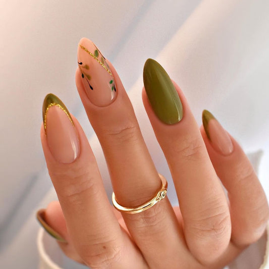 Olive Elegance Long Almond Olive Green and Beige Press On Nail Set with Gold Foil Details