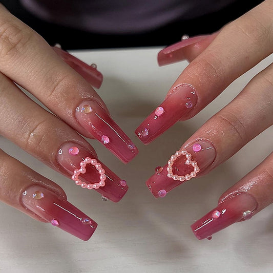 Berry Bliss Long Coffin Sheer Pink Press On Nail Set with Beaded Heart Art and Rhinestone Embellishments