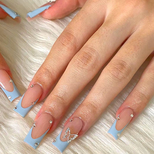 Serene Skies Medium Square Baby Blue and Beige Press On Nails with Crystal Butterfly Appliques