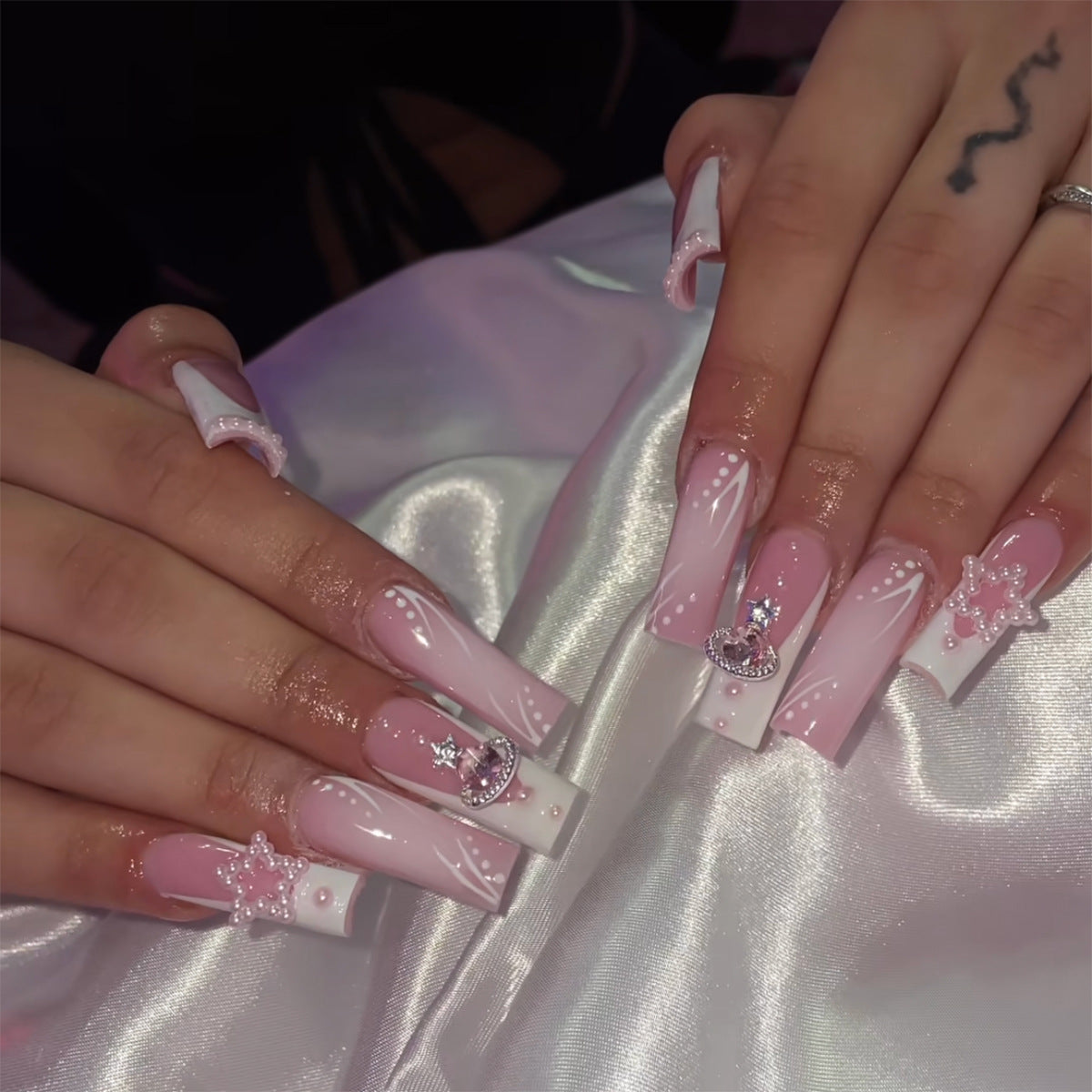 Enchanted Bridal Long Coffin Baby Pink Press-On Nails with White Lace Design and Crystal Accents