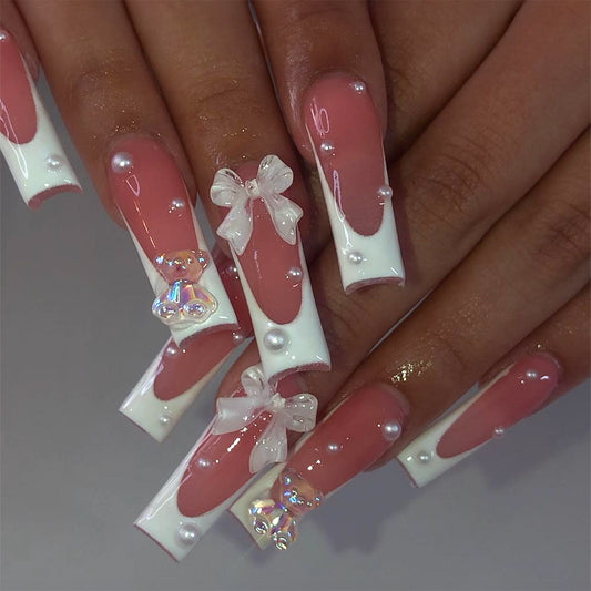 Bridal Bliss Long Square Baby Pink Press On Nails with Pearlescent Accents and Bow Charms