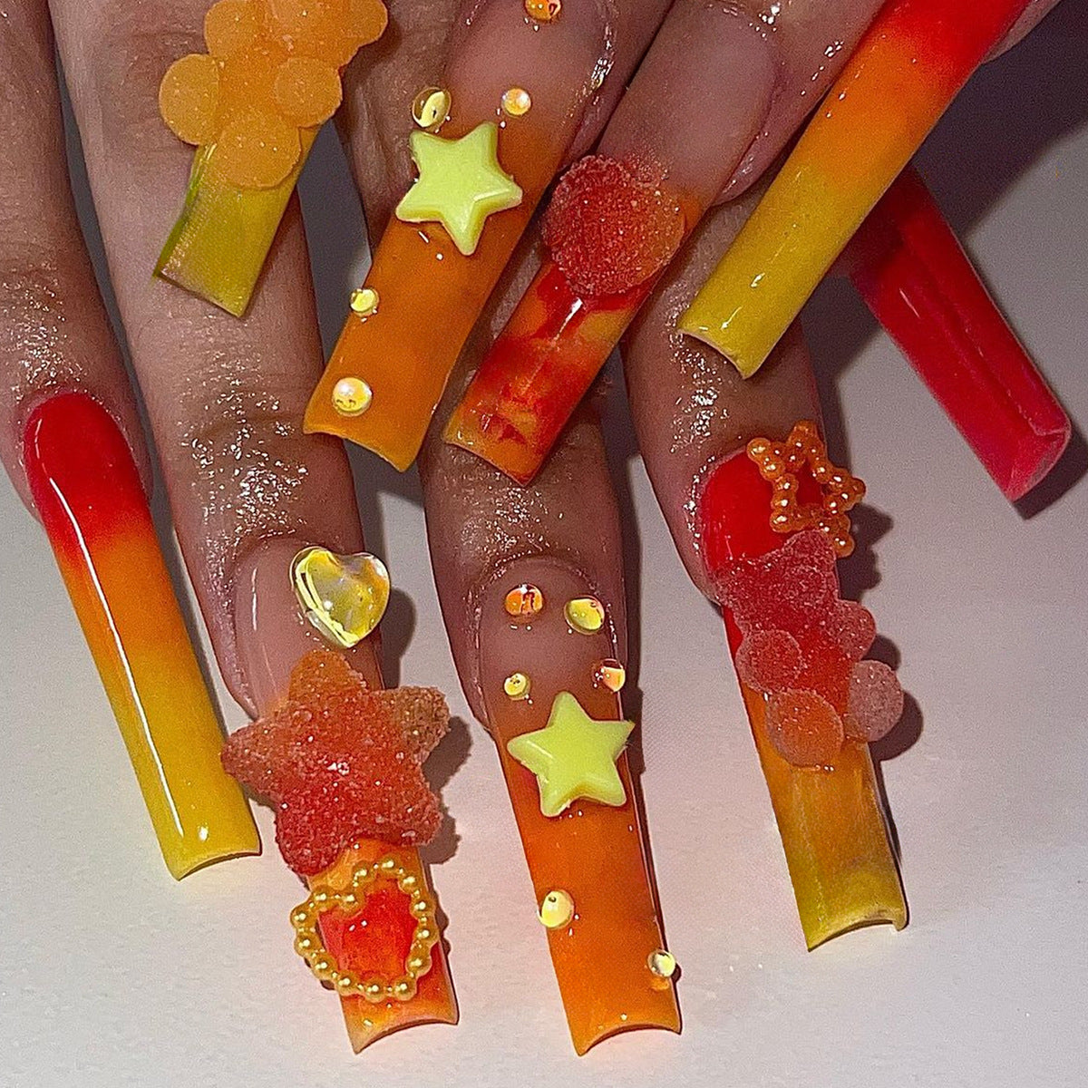 Tropical Sunset Extra Long Square Ombre Press On Nails with Gummy Bear Accents