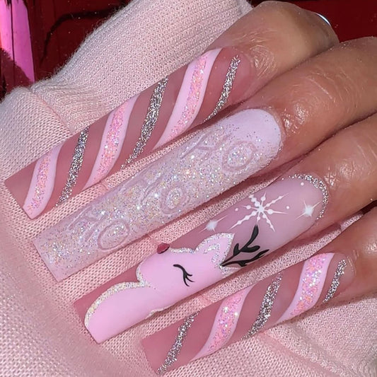 Magical Reindeer Extra Long Square Baby Pink Press On Nails with Glitter Stripes and Reindeer Accent