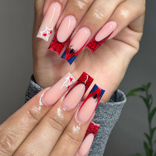 Superhero Flair Medium Square Beige Press On Nails With Red Web And Spider Accents