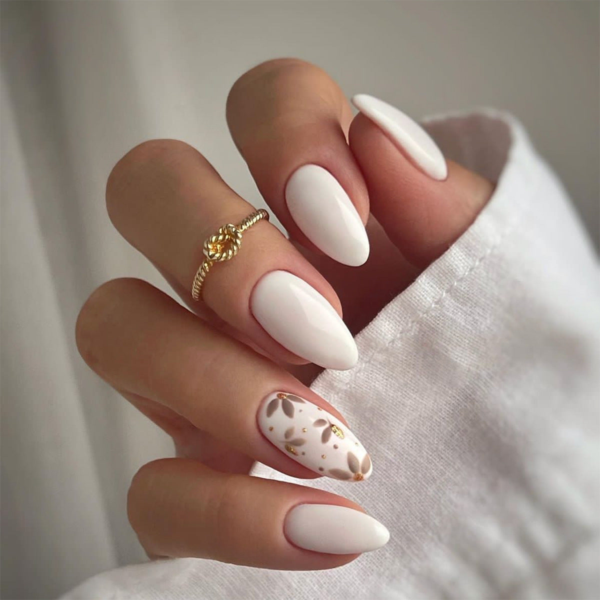 Elegant Almond Medium Length Matte White Press-on Nails with Gold Foil Accents