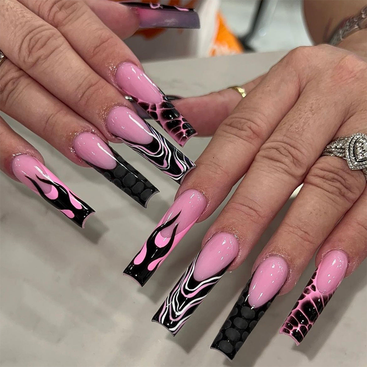 Pink Flame Extra Long Coffin Press On Nails with Black Flame Design and Glossy Finish