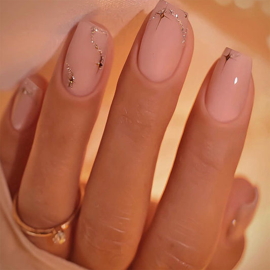 Elegant Affair Medium Square Beige Press On Nails with Delicate Chain Detail