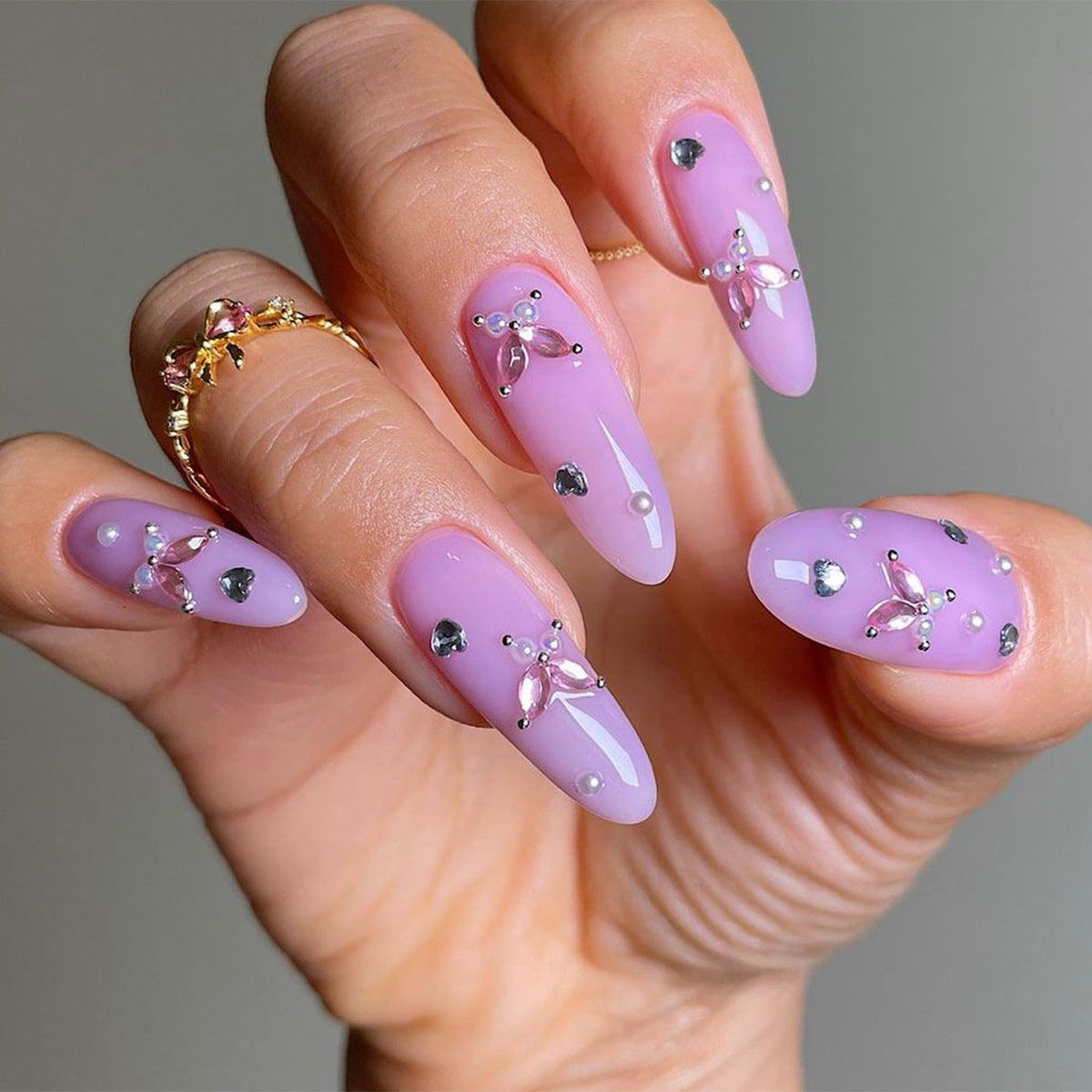 Lavender Dream Medium Oval Press On Nails with Gemstone Embellishments