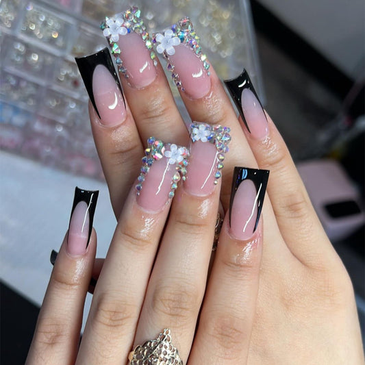 Glamorous Extra-Long Duck Black and Baby Pink Press On Nails with Rhinestone Accents