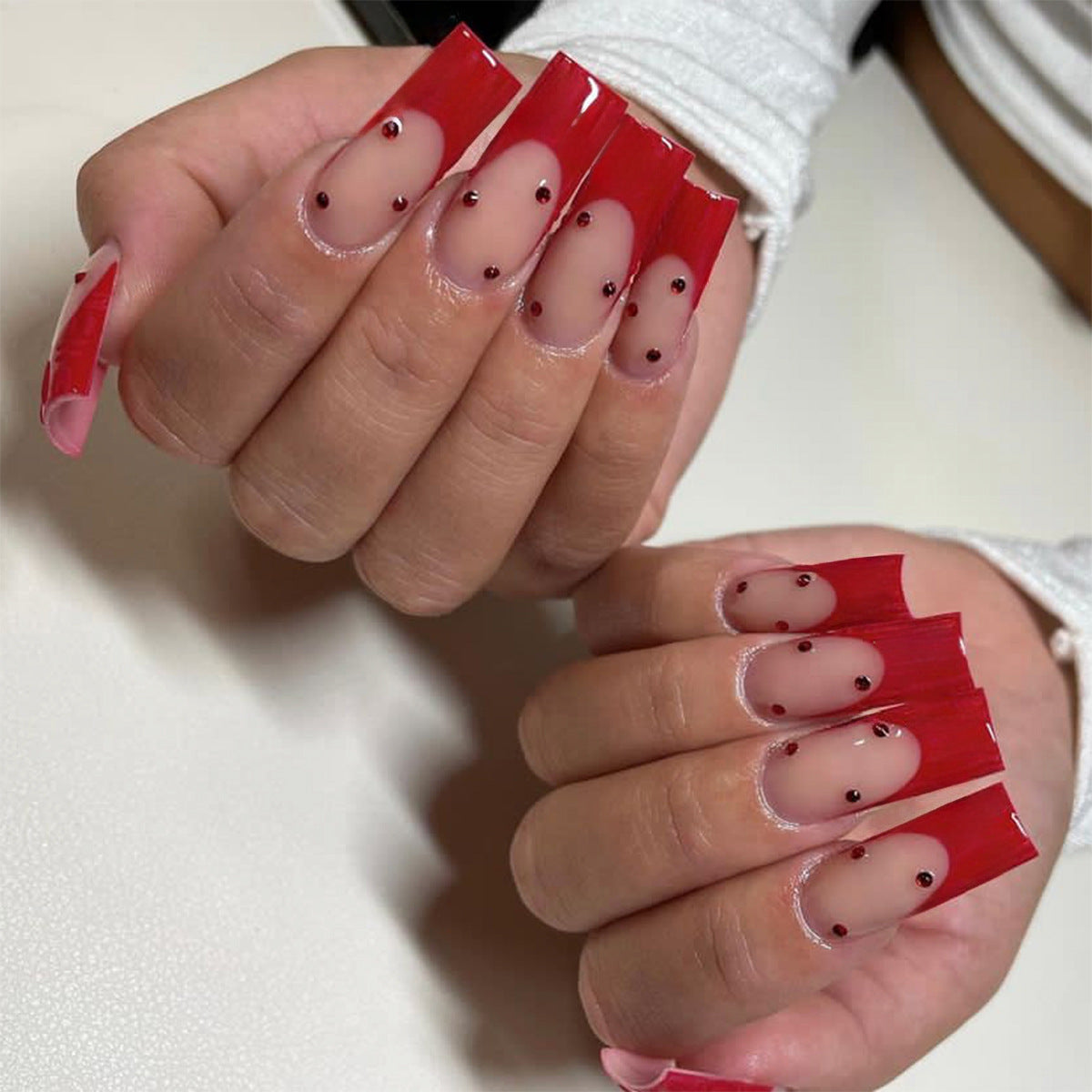 Bold Contrast Long Square Red Press On Nails with Beige Base and Bead Embellishments