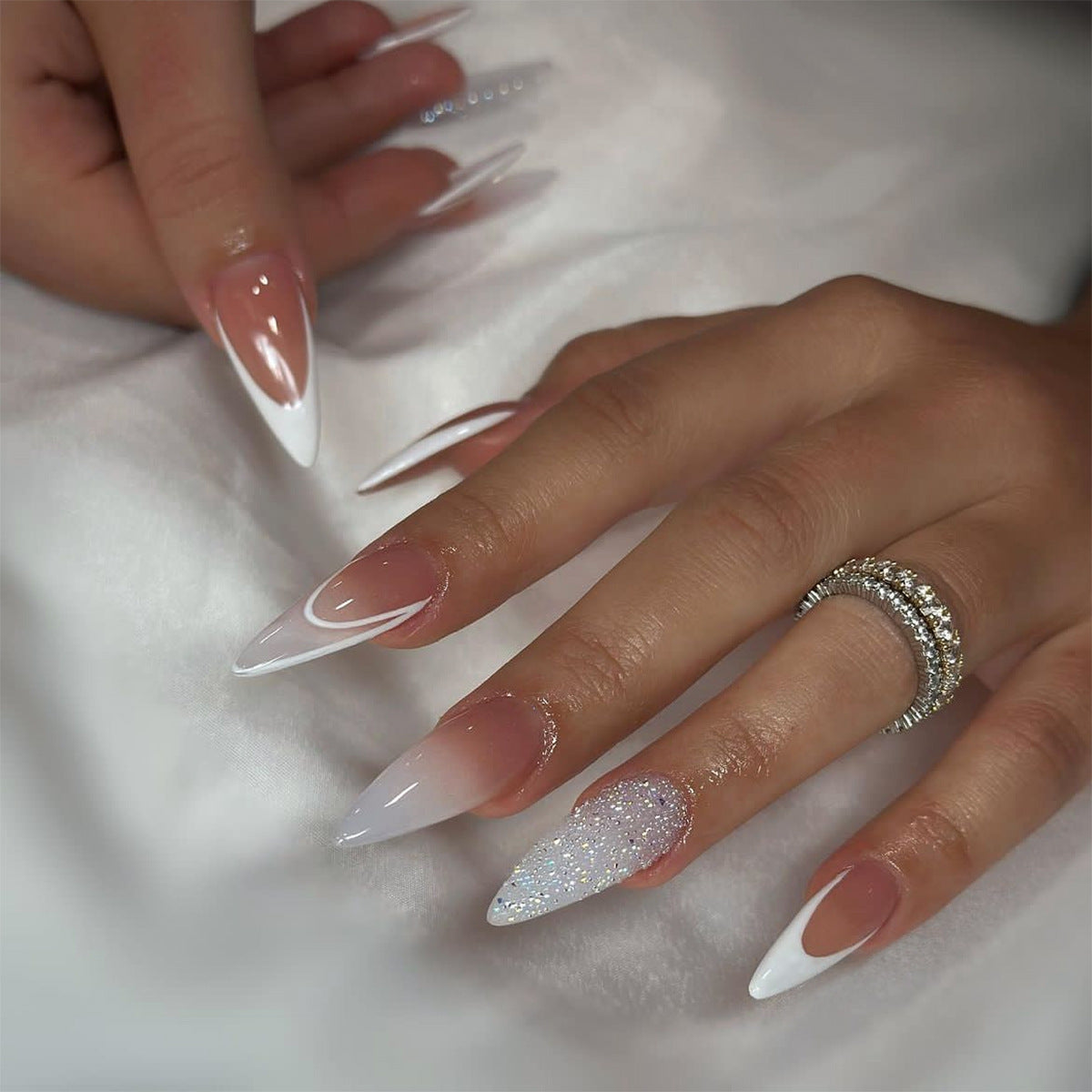 Luxurious Bridal Long Stiletto Sheer Pink Press On Nails with Glitter Accent