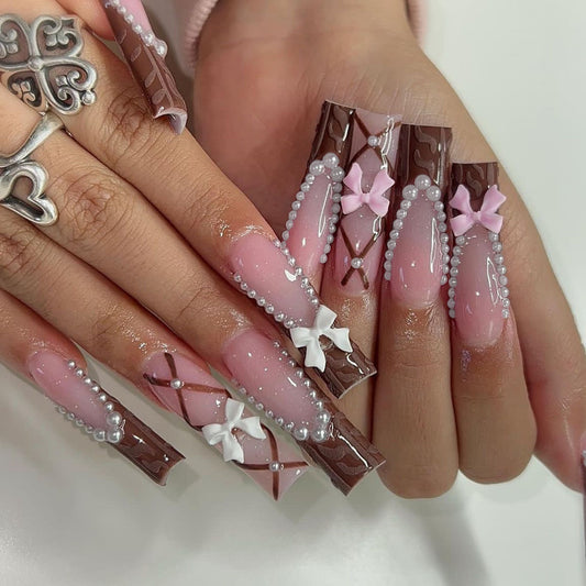 Chocolate Charm Long Square Brown and Pink Ombre Press-On Nail Set with Pearls and Bow Accents