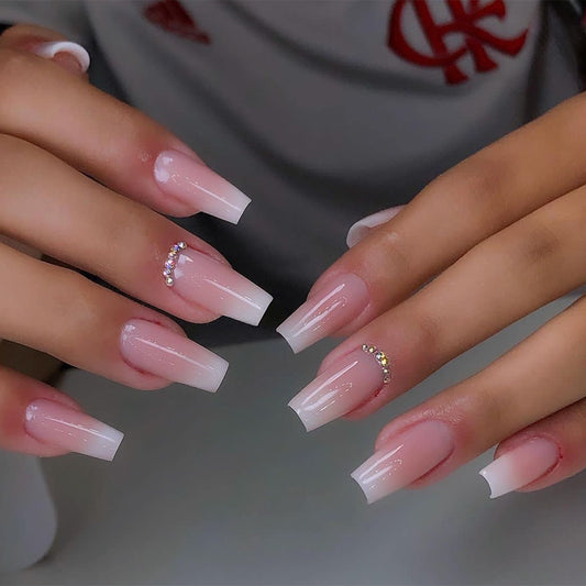 Glamorous Gala Long Coffin French Tip Press On Nails with Beige Base and Rhinestone Accents