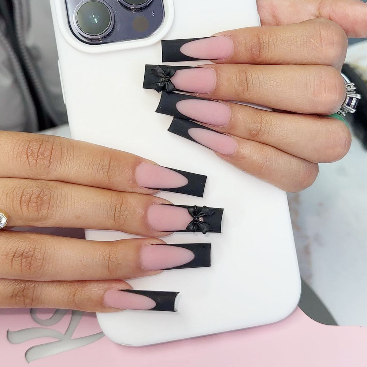 Chic Rebel Long Square Matte Black Press On Nails with Starry Charms