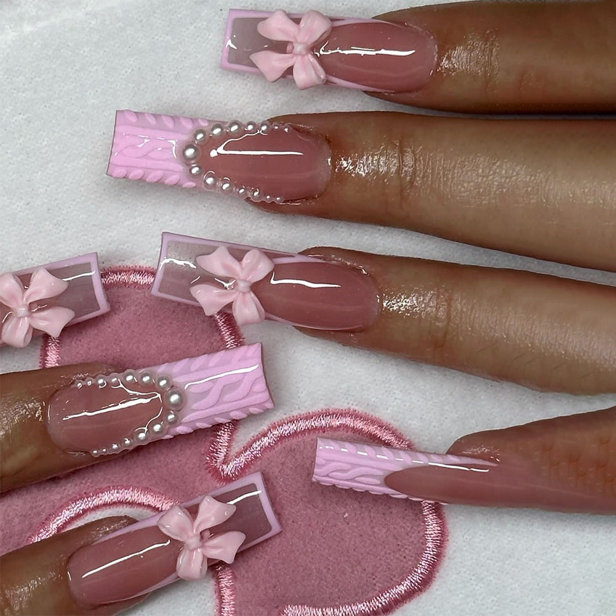 Sweetheart Soir≈Ωe Long Square Mauve Press-On Nail Set with Pink Accents and Pearl Embellishments