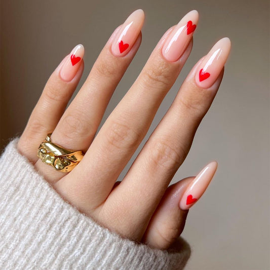 Whisper of Romance Long Almond Beige Press-On Nails with Red Heart Accents