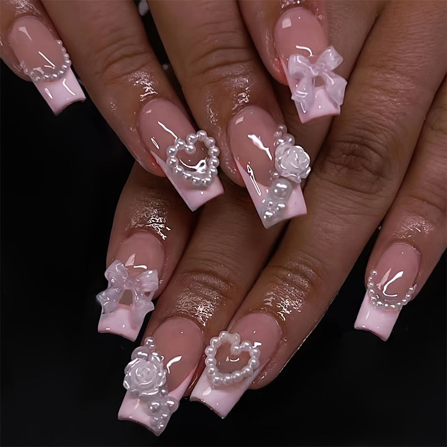 Elegant Bridal Medium Coffin Blush Pink Press On Nail Set with 3D Embellishments and Pearls