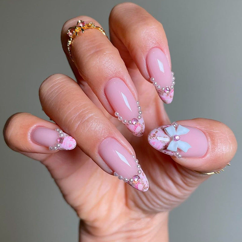 Elegant Spring Fling Long Almond Pink Press On Nail Set with Rhinestone Accents and Marbled Detail