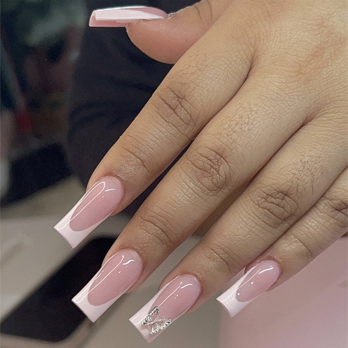 Sophisticated Charm Long Square Soft Pink Press On Nails with Silver Glitter Crown Design