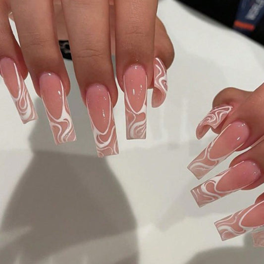 Abstract Artistry Long Square Beige with White Swirl Design Press On Nail Set
