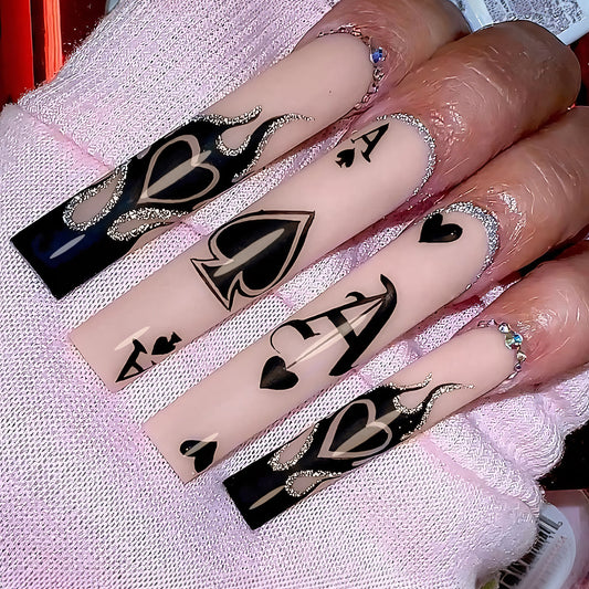 Casino Royale Extra Long Square Black and Beige Press On Nails with Playing Card Suit Design and Rhinestone Accents