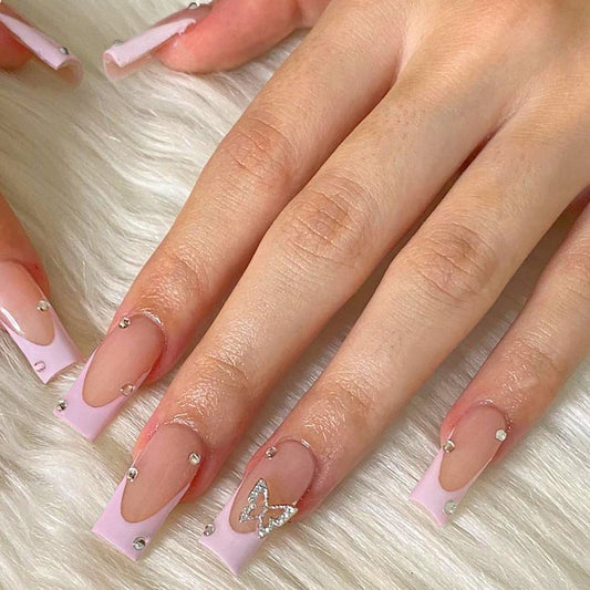 Ethereal Charm Medium Square Baby Pink Press On Nails with Crystal Accents and Butterfly Applique