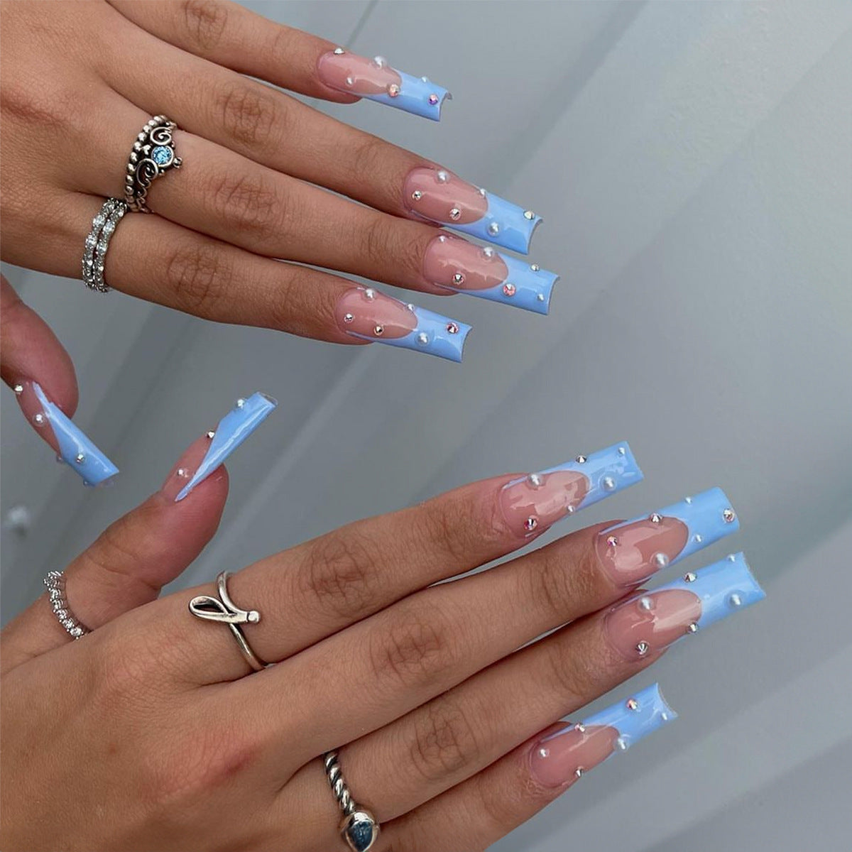 Chic Extra-Long Square Baby Blue and Soft Pink Press-Ons with Rhinestone Accents