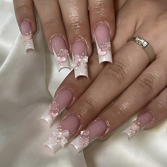 Bridal Bliss Long Coffin Pink and White Press-On Nails with Bow Details and Pearl Embellishments