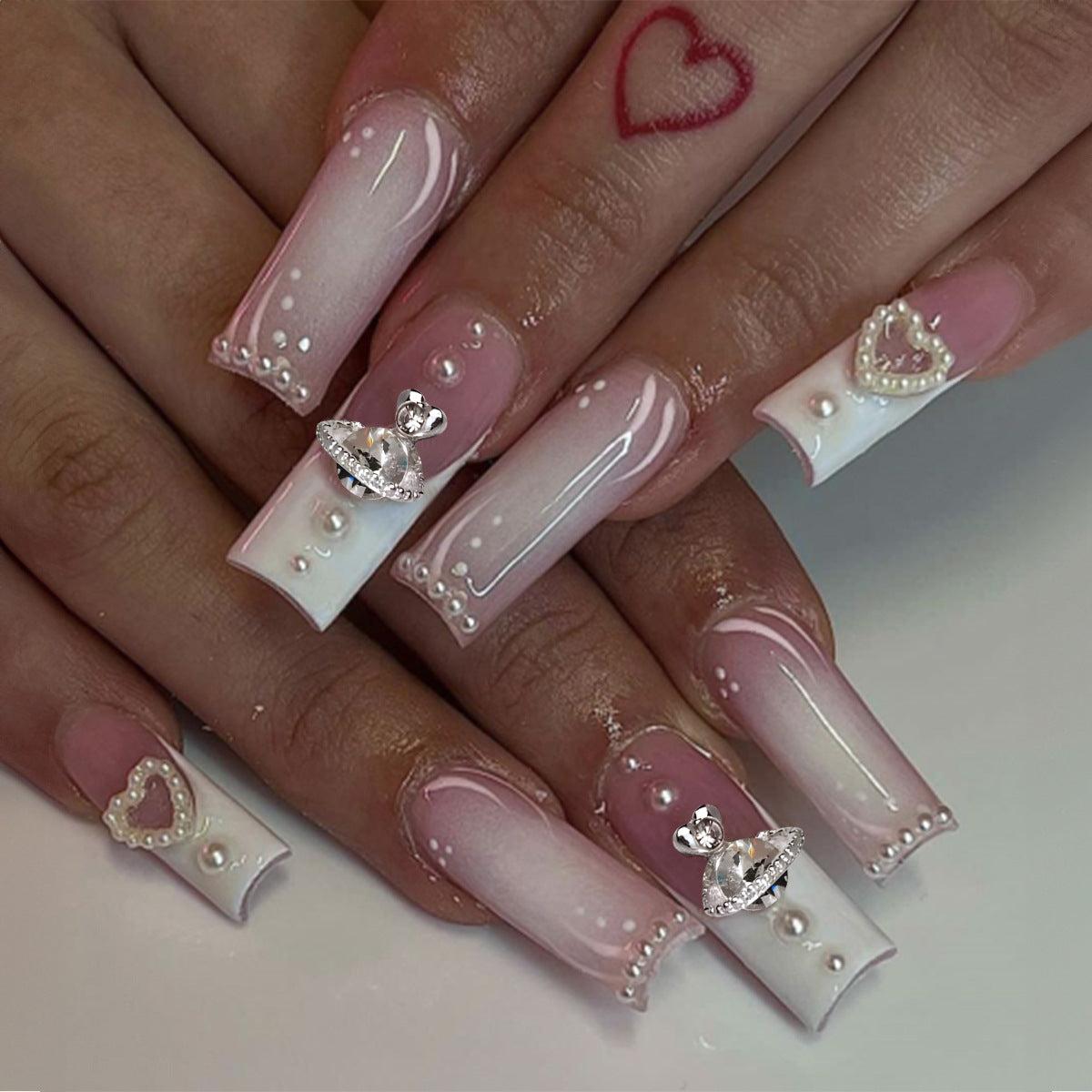 Bridal Fantasy Long Square Baby Pink Press On Nails with Pearlescent Accents and Diamond Embellishments