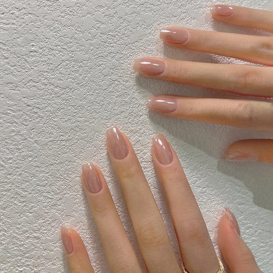 Classic Elegance Medium Length Coffin Beige Press On Nails with High Shine Finish