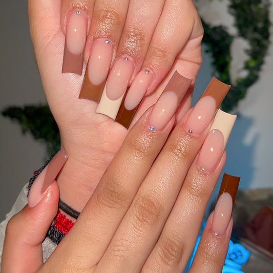 Autumn Elegance Long Square Two-Tone Ombre Press On Nails with Crystal Embellishments