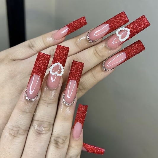 Glamorous Gala Extra Long Square Ruby Red Glitter Press On Nails with Pearlescent Accents
