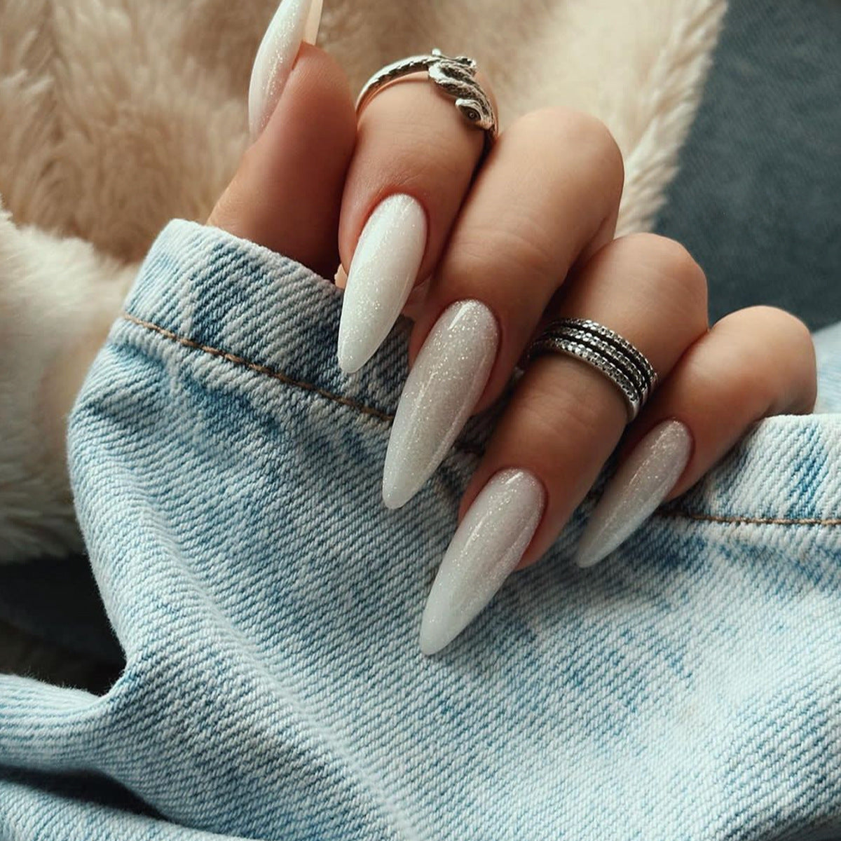 Winter Sparkle Long Stiletto Icy White Press On Nails with Glitter Overlay