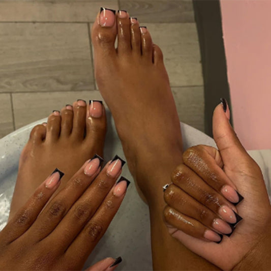 Pedicure Perfection Short Square Beige Press-On Toenails with Black Tips and Matching Manicure Set